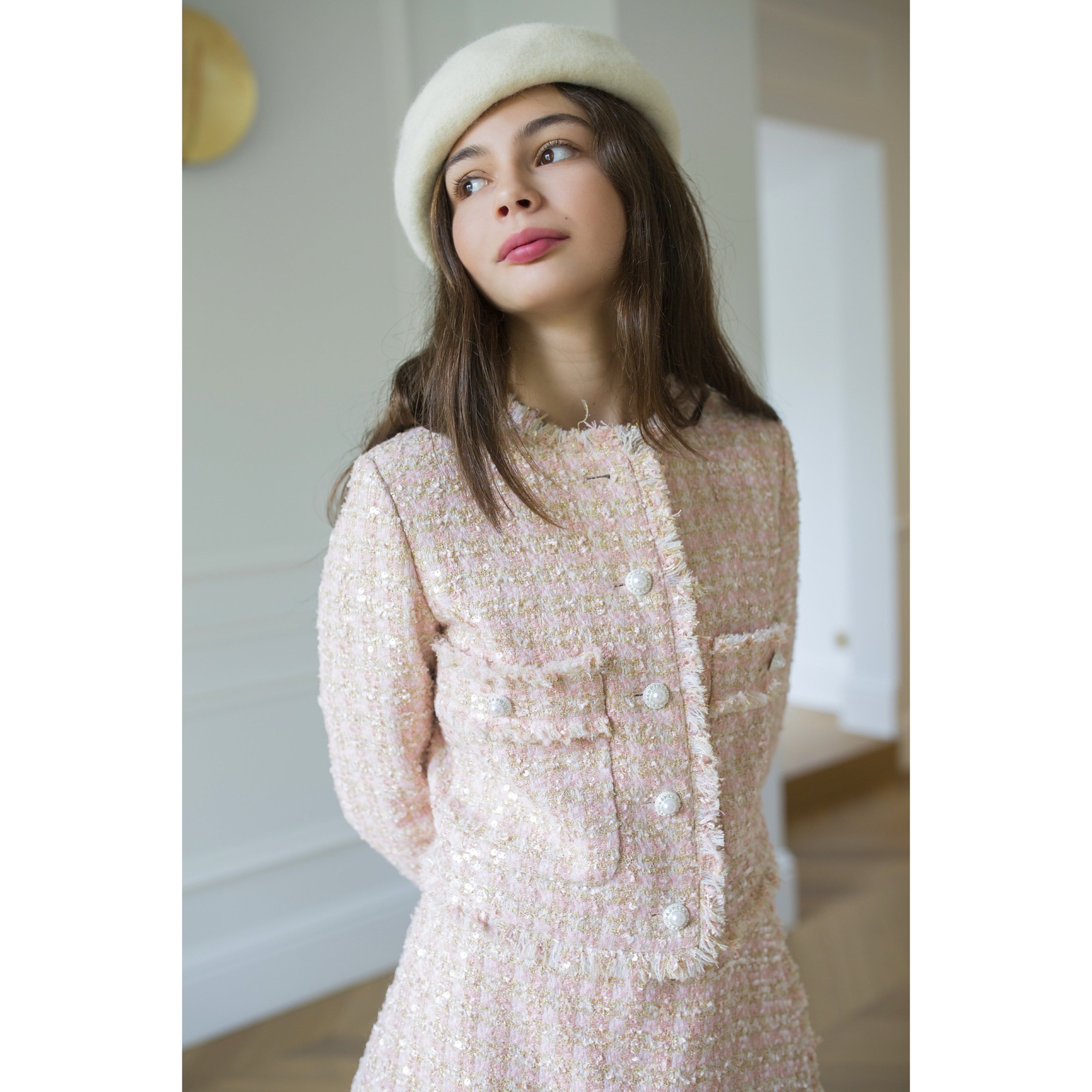Location Ensemble Tweed Rose Poudré Jupe et Veste