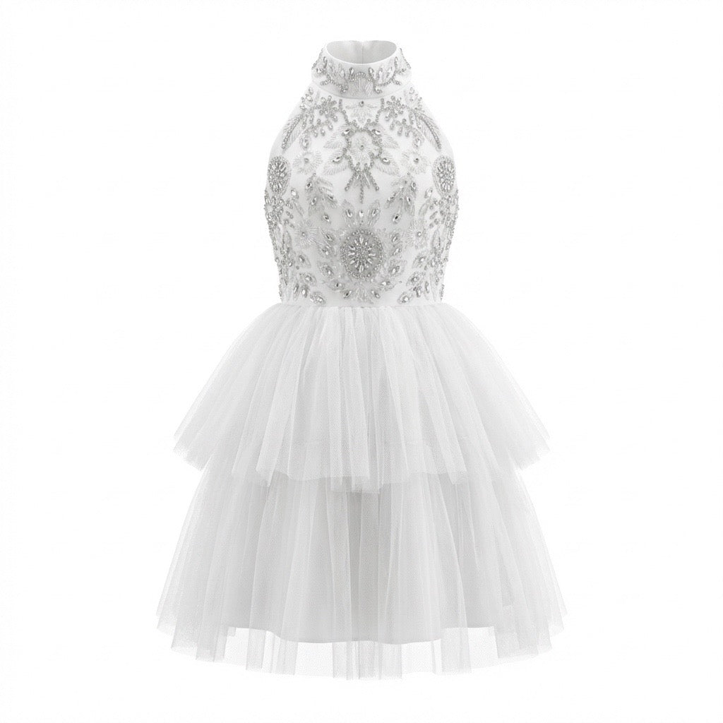 Robe Lyat Brodée Strass Argent Tulle Ivoire