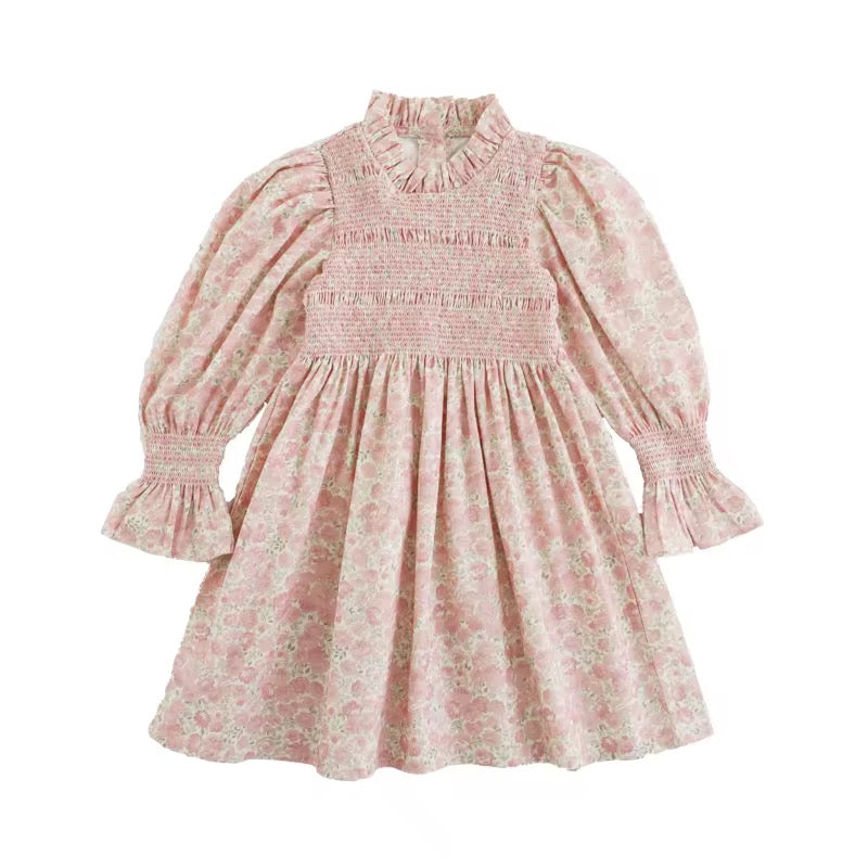Robe Fille Liberty Rose – Col volanté et smocks raffinés