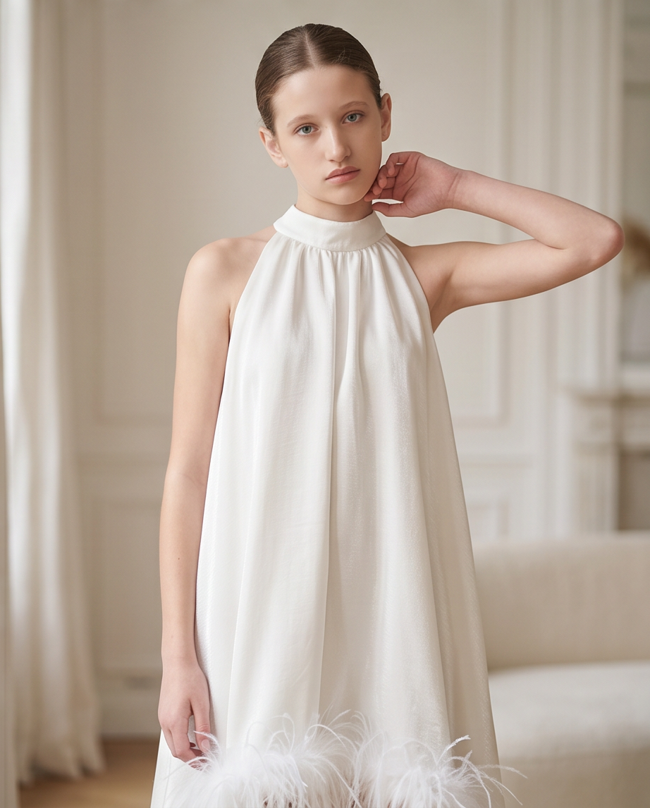 Robe Ida Blanc irisé et Plume - Cérémonie Ados (livraison fin septembre 26)