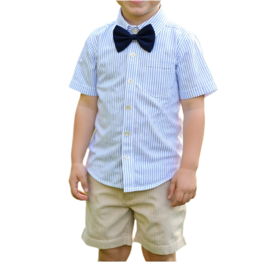 ensemble garçon chemise rayé bleu et blanc noeud pap et short beige