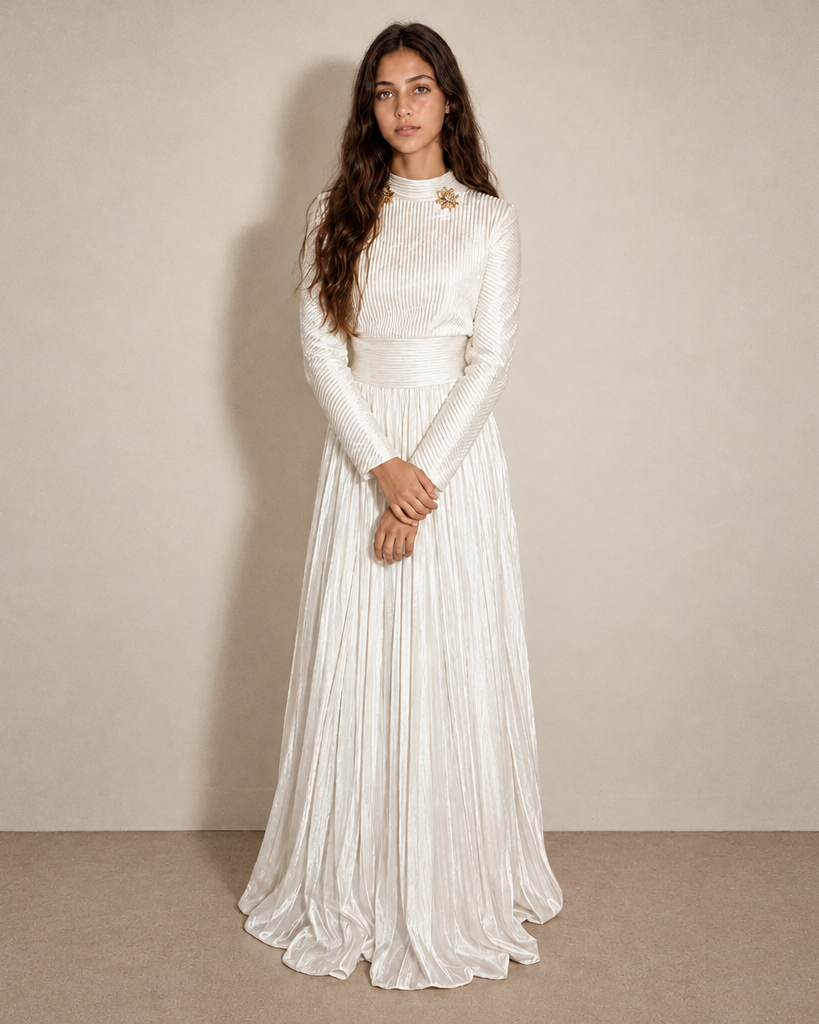 Shirel - Robe de soirée longue Blanc Irisé Argent