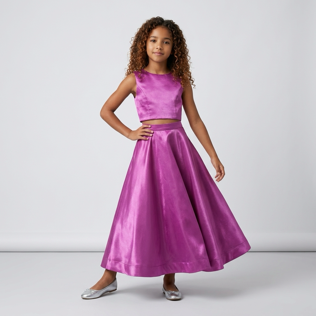 Ashley – Ensemble Satin Crop Top et Jupe Cérémonie Violet (Sur commande)