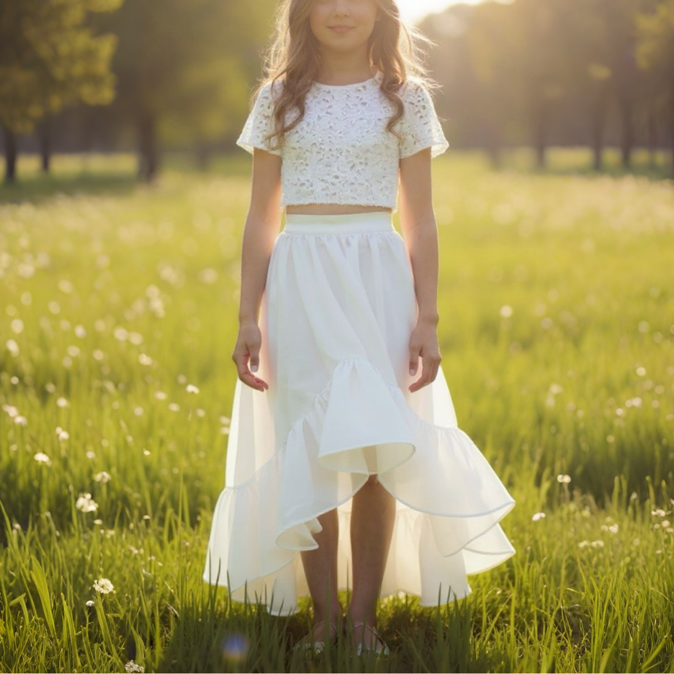 Ensemble cérémonie fille : top dentelle raffiné et jupe asymétrique fluide. Une tenue chic et élégante pour mariage, baptême, communion ou fête, parfaite pour enfant et adolescente