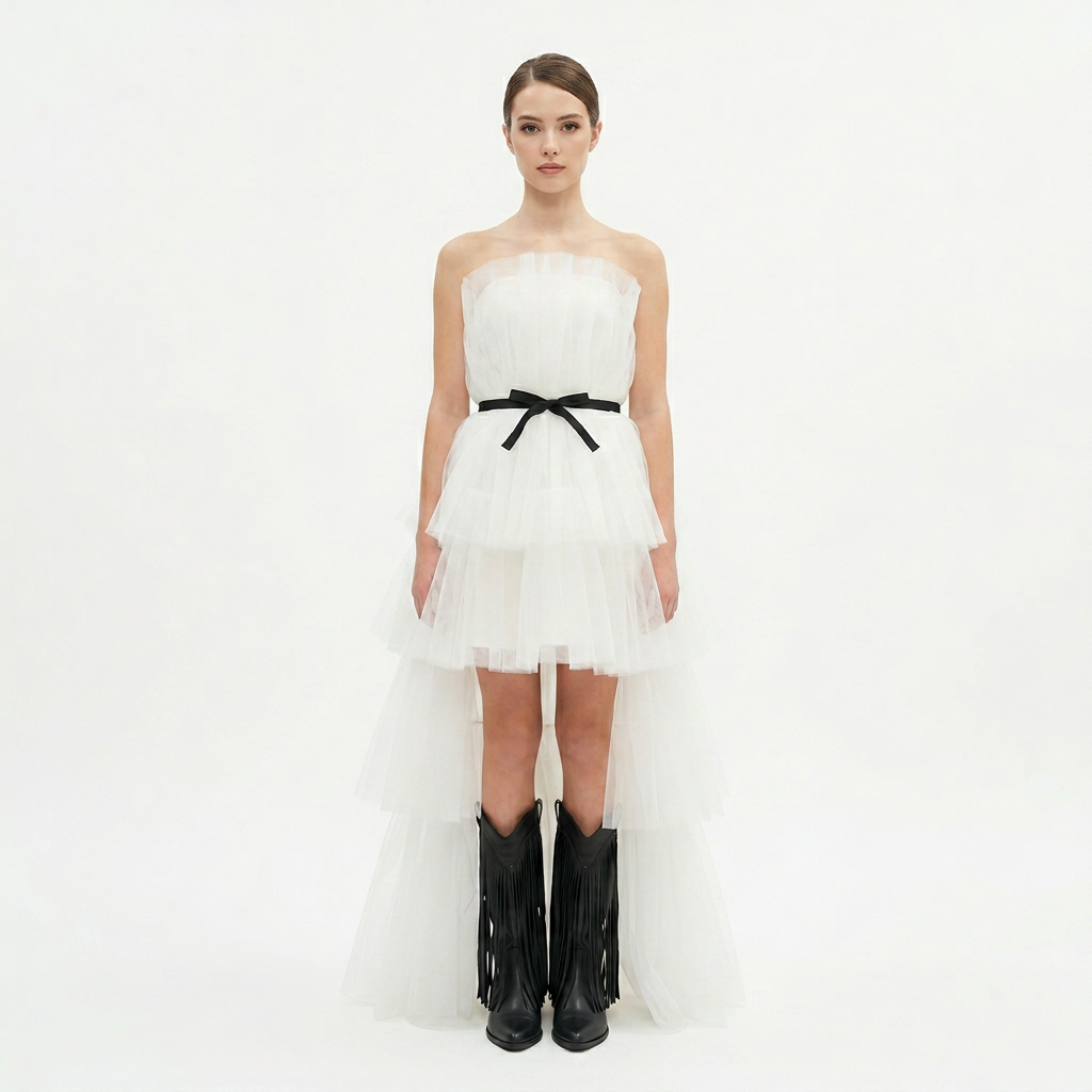 Robe bustier en tulle Genna rose pink et ceinture noir (Sur commande)