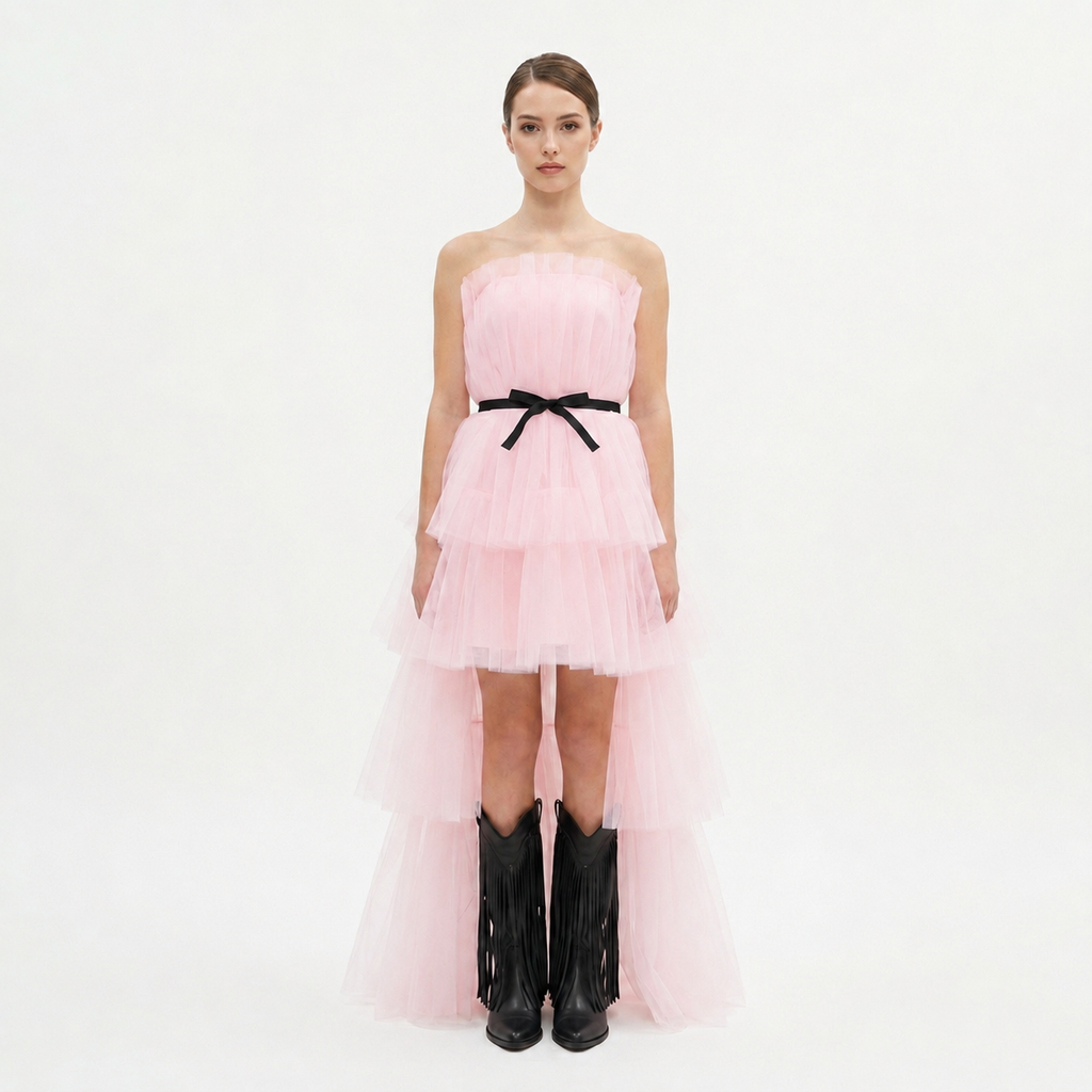 Robe bustier en tulle Genna rose pink et ceinture noir (Sur commande)