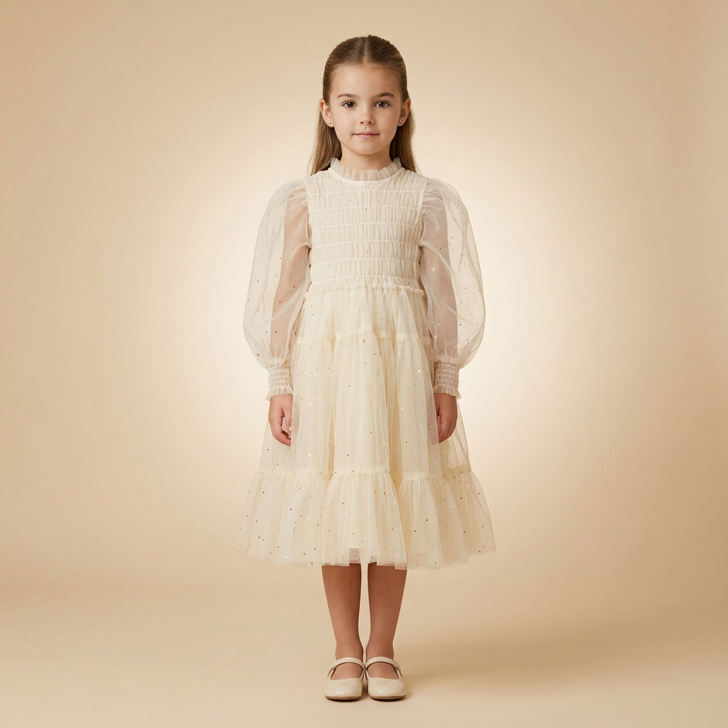 ROBE ECRU LONGUEUR MIDI MANCHES LONGUES TULLE PAILLETÉ
