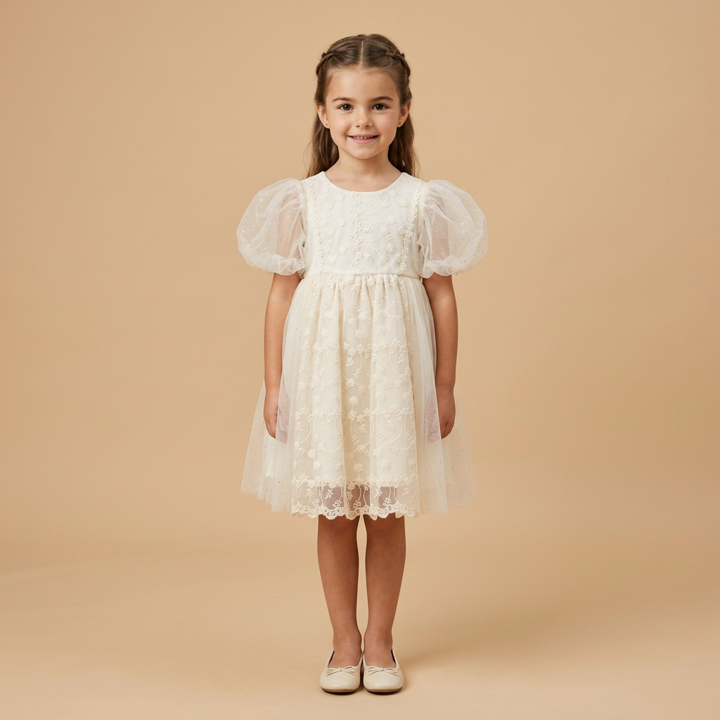 ROBE ECRU TULLE PAILLETÉ ET DENTELLE MANCHES BALLON