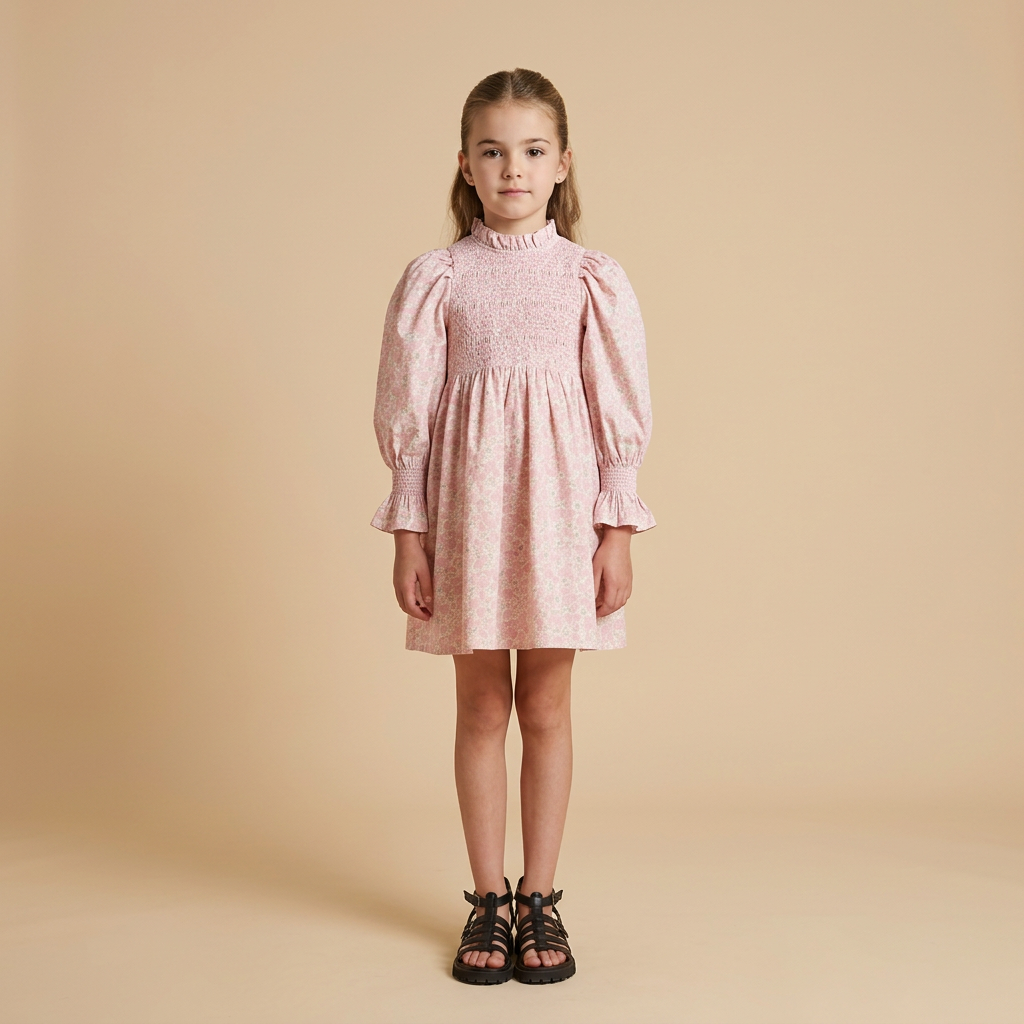 ROBE SMOKÉES ROSE ANGLAIS MANCHES LONGUES
