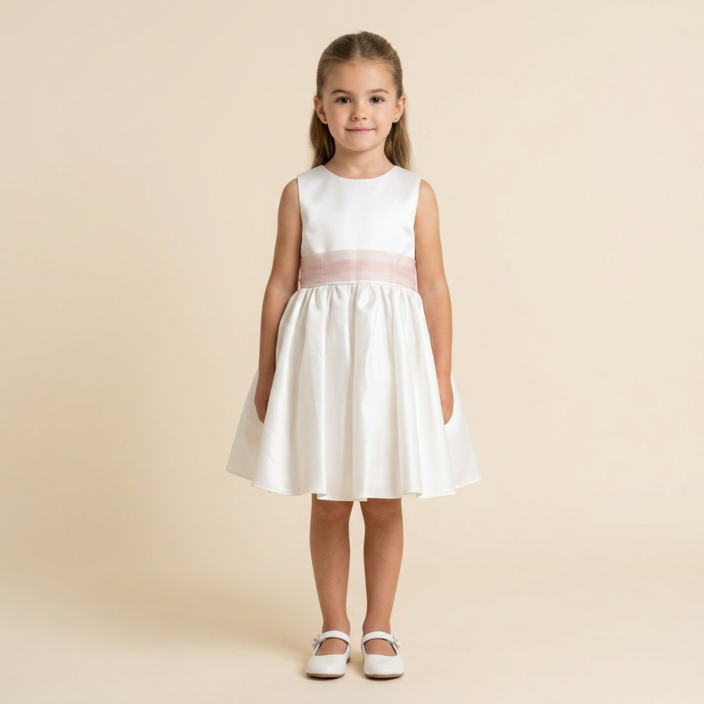 ROBE CORTÈGE IVOIRE SATIN CEINTURE ROSE BLUSH