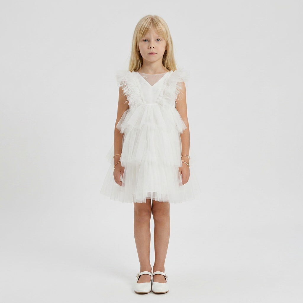 Robe Tulle et Plume Ivoire - Cérémonie Enfant