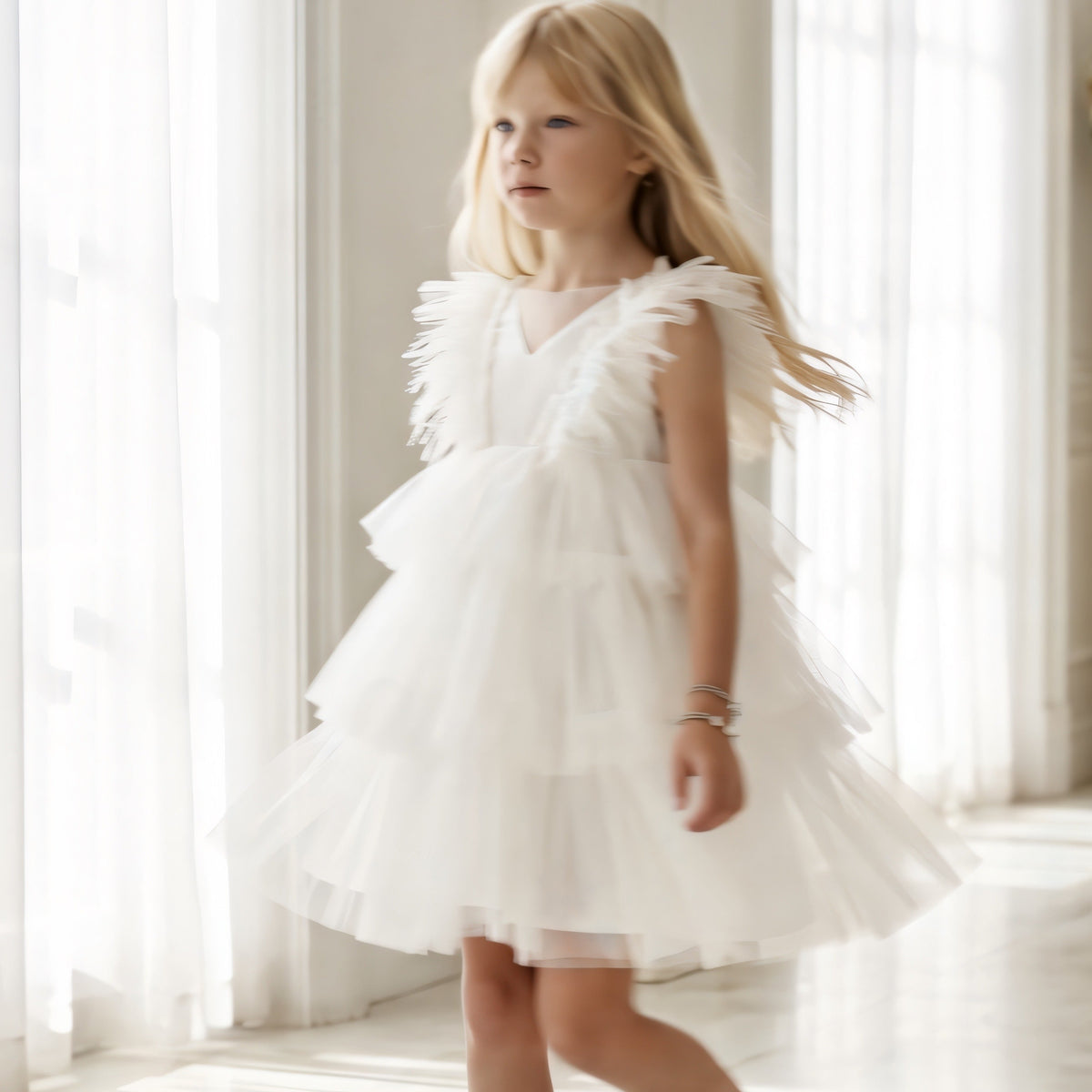 Robe Tulle et Plume Ivoire - Cérémonie Enfant
