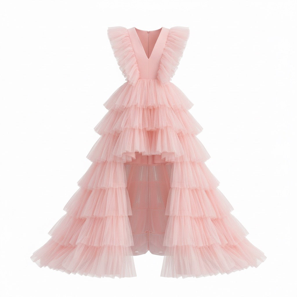 Robe de Soirée Ado Eva Rose Poudré - Col V et Jupe Asymétrique à Volants