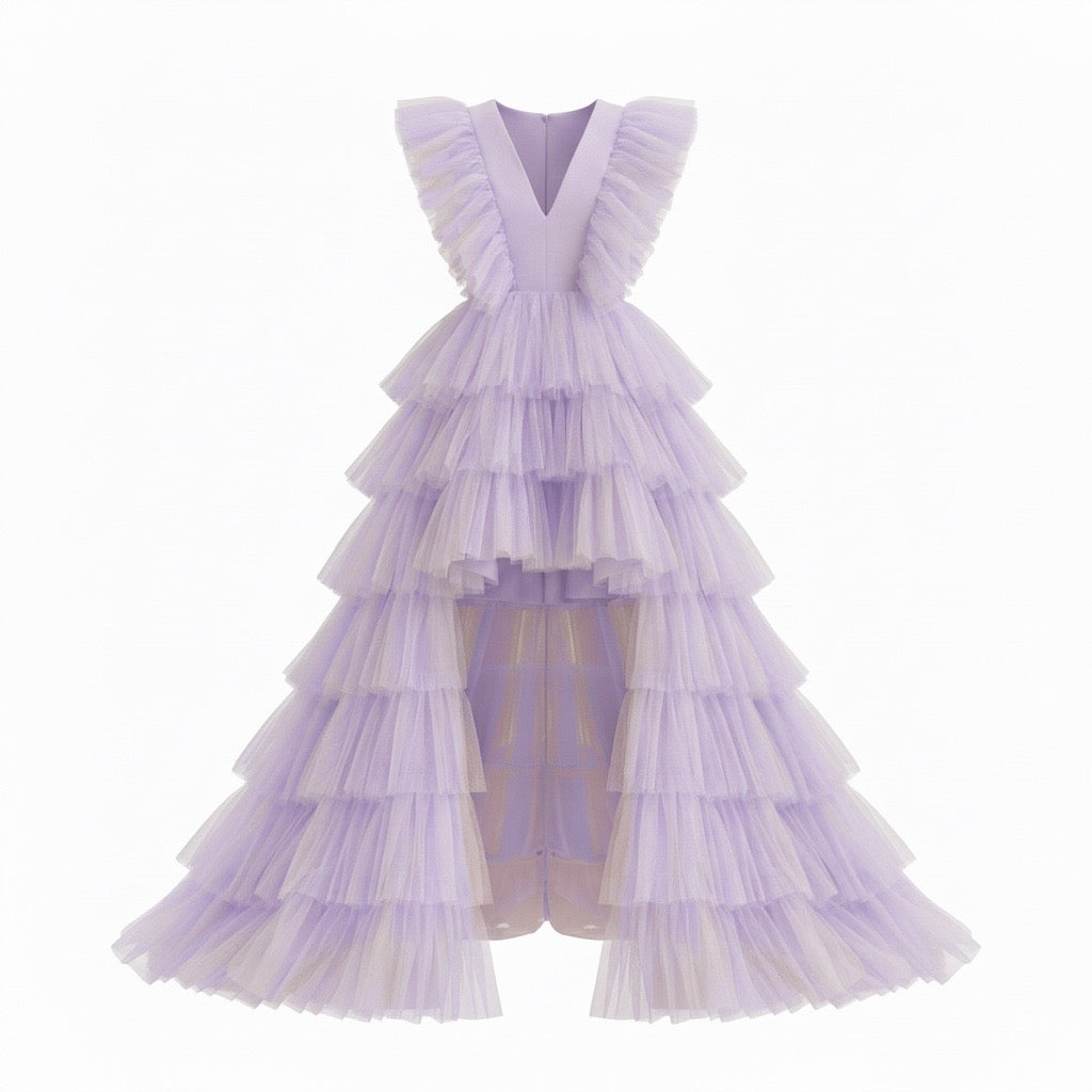 Robe de Soirée Ado Eva Lavande - Col V et Jupe Asymétrique à Volants