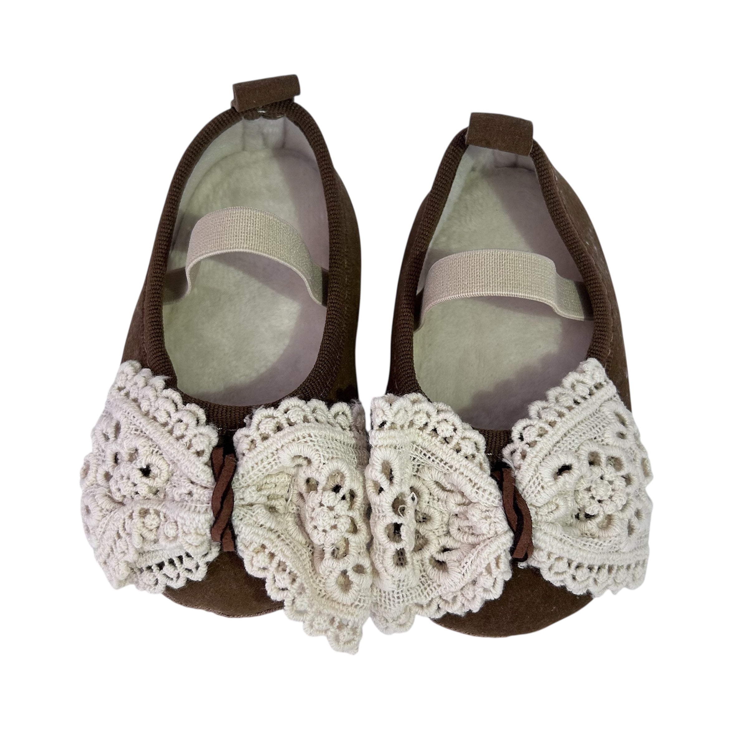 Ballerines Bébé Cérémonie – Marron & Nœud Dentelle Ivoire