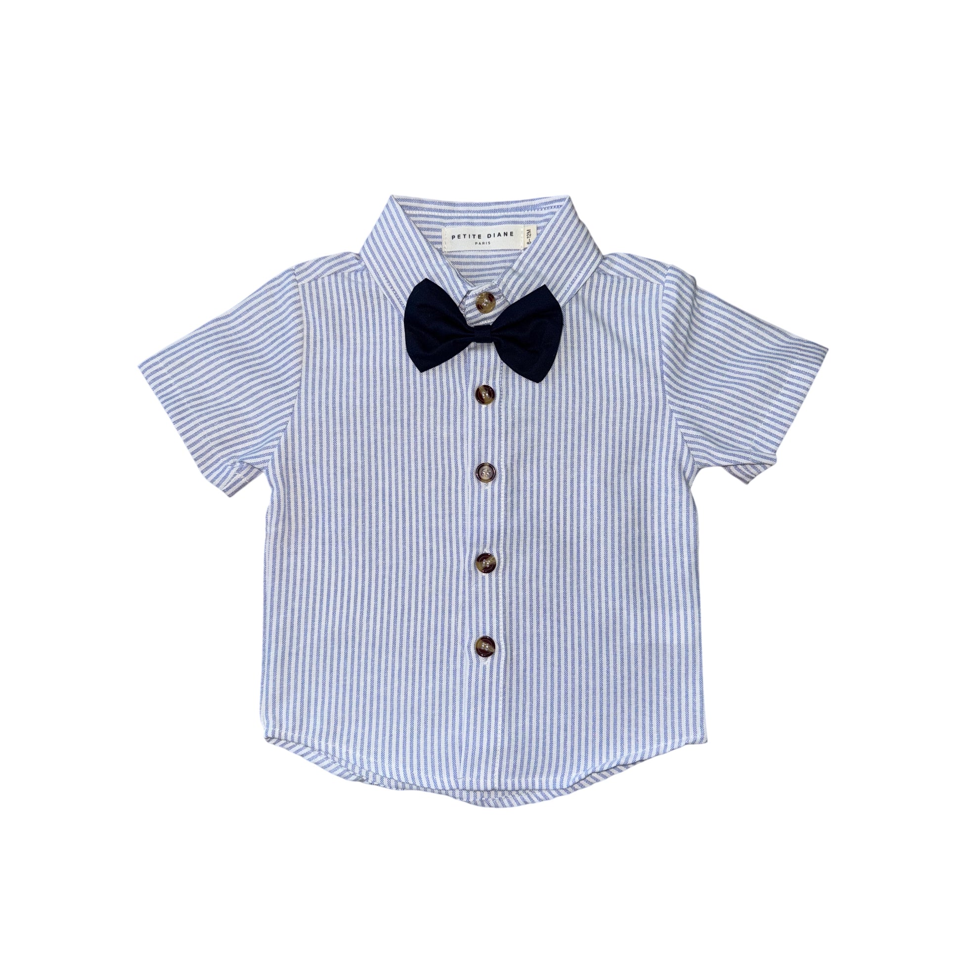 ensemble garçon chemise rayé bleu et blanc noeud pap et short beige