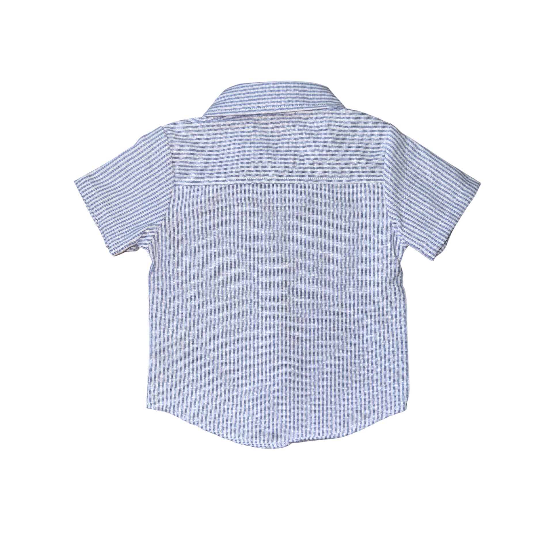 ensemble garçon chemise rayé bleu et blanc noeud pap et short beige