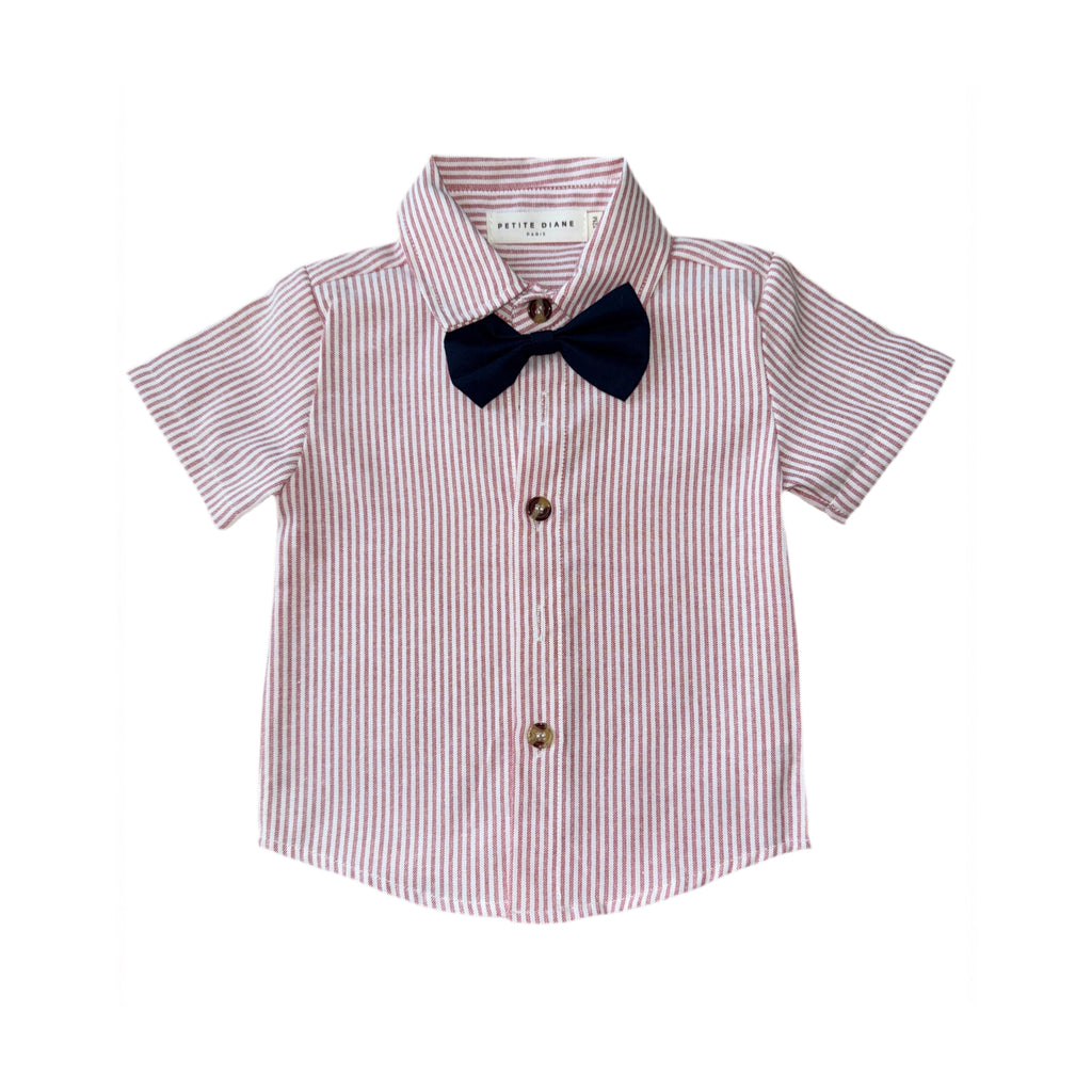 ensemble garçon chemise rayé rouge et blanc noeud pap short beige cérémonie
