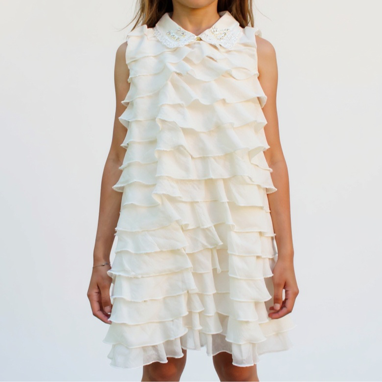 robe à volants écru cérémonie col brodé strass et perles