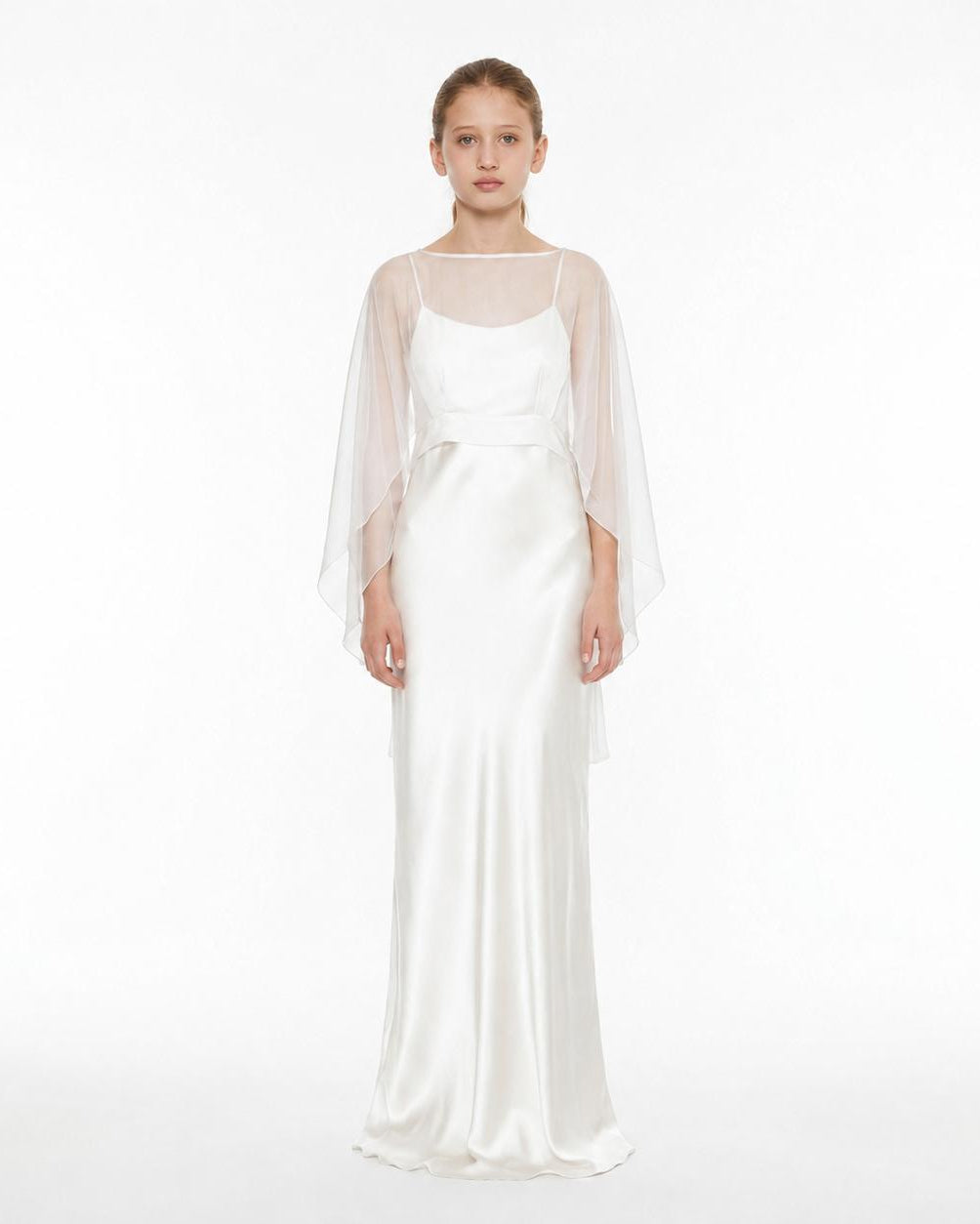 Robe longue Ava Satin et Cape en voile Blanc - Cérémonie | Petite Diane