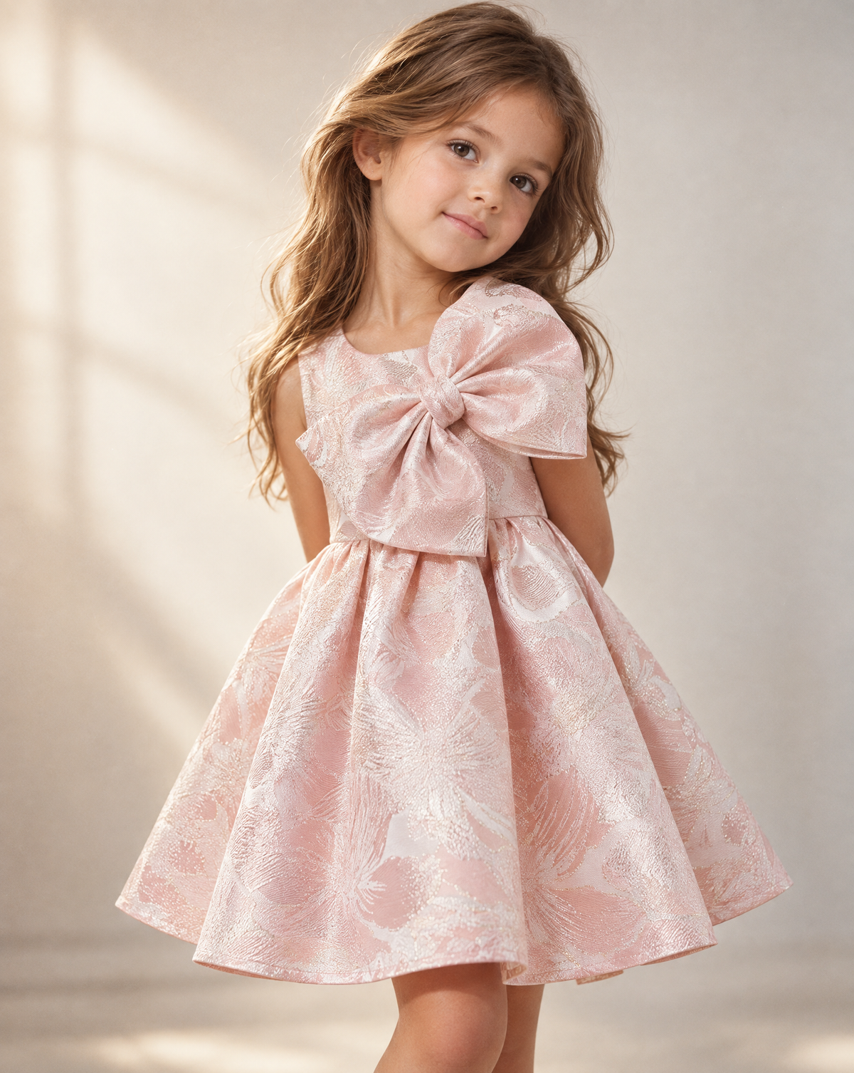 porté par un enfant de 6 ans, chic élégant mode parisienne type dior maison de couture @Robe Brocart light pink - Cérémonie Bébé