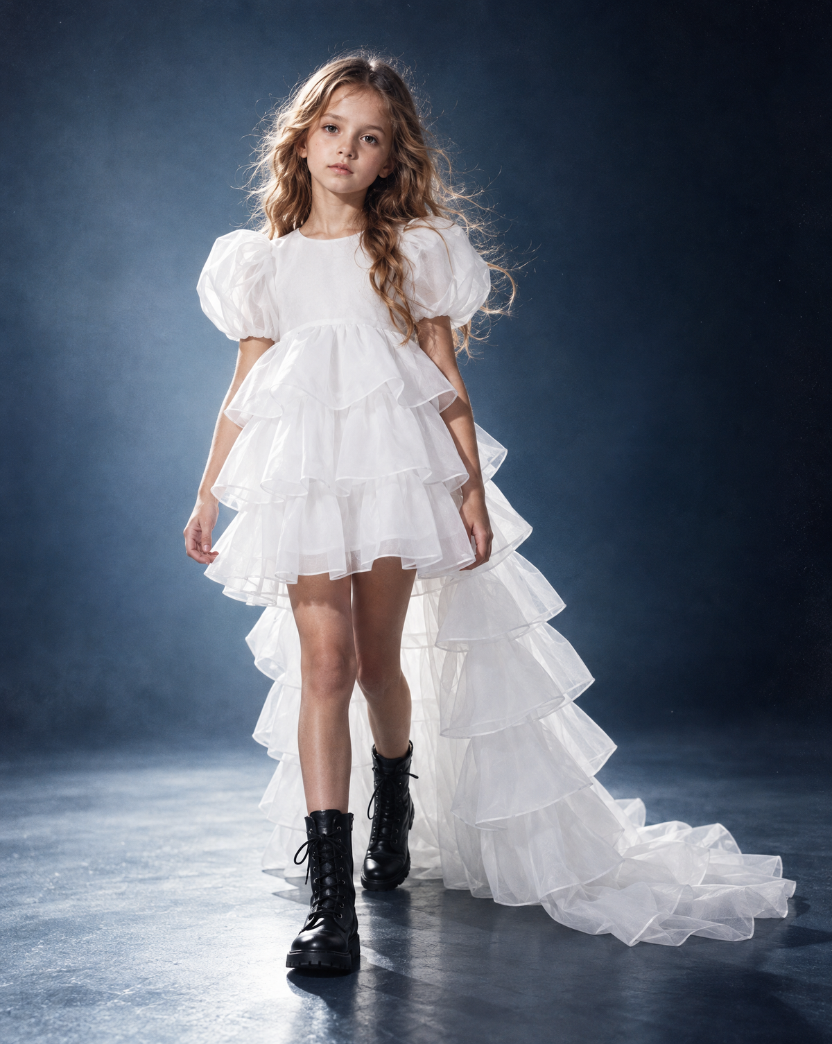Mannequin joli fille de 6 ans fine et de type européenne @Robe Adriana Organza White - Cérémonie Enfant