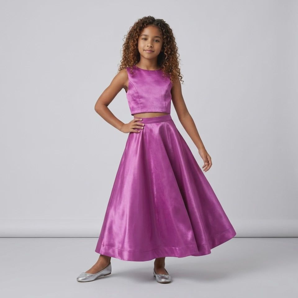 Ashley – Ensemble Satin Crop Top et Jupe Cérémonie Violet (Sur commande)