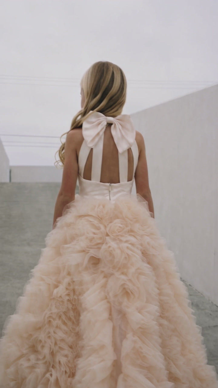 MADE TO ORDER - Robe Clara longue avec fleurs 3D en tulle - Cérémonie Enfant