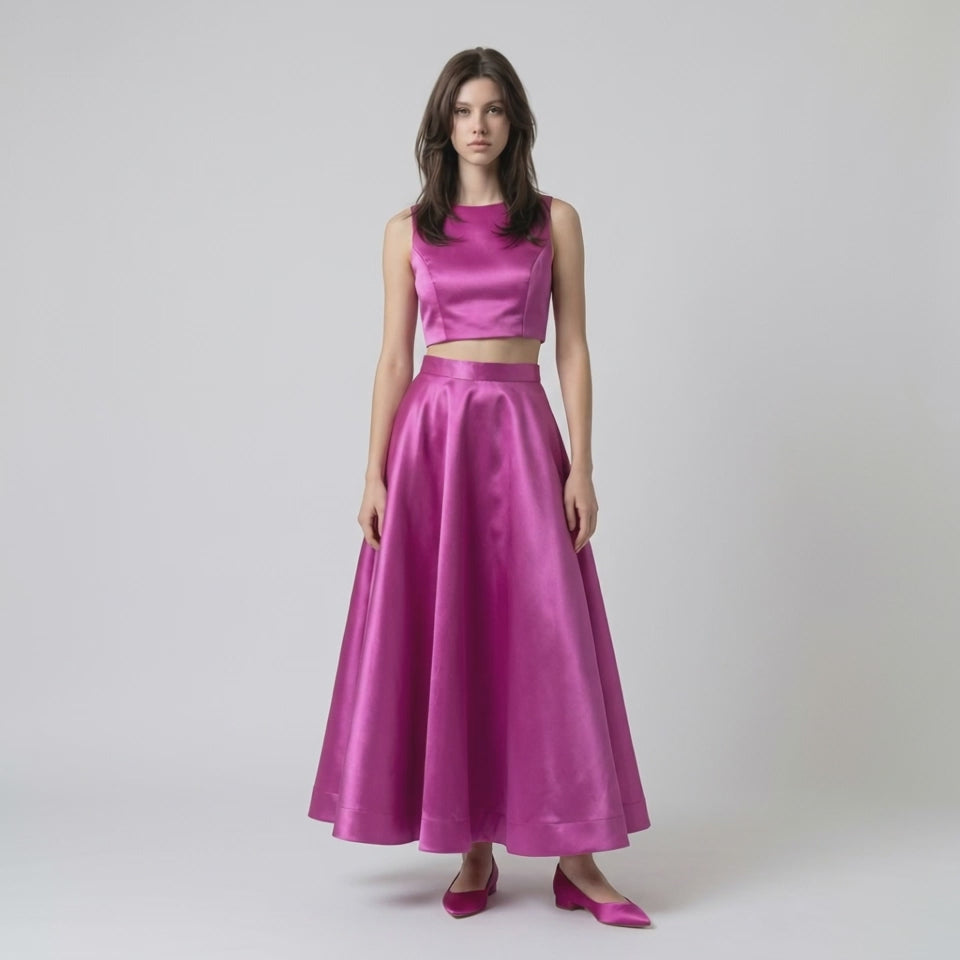 Ashley – Ensemble Satin Crop Top et Jupe Cérémonie Violet (Sur commande)