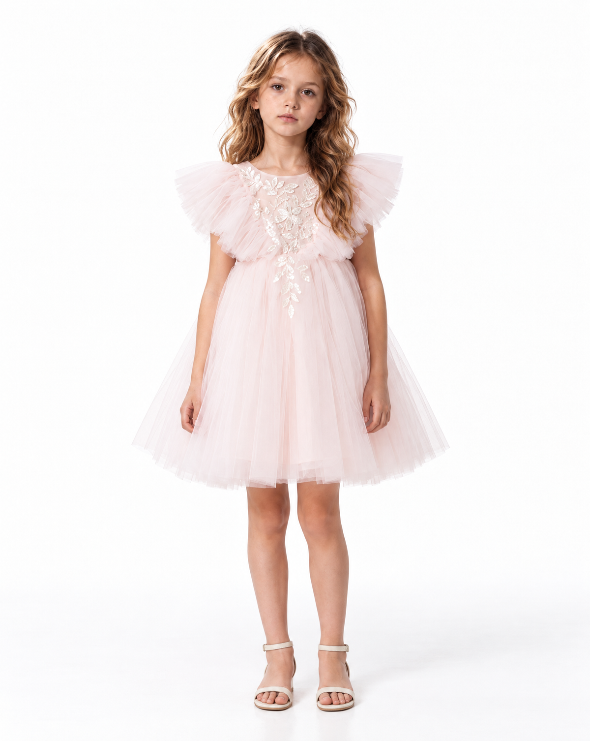 Robe de cérémonie fille Maya en tulle rose poudré vue de face
