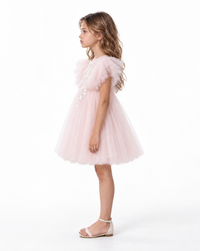 Robe Maya rose poudré vue de profil avec manches à volants