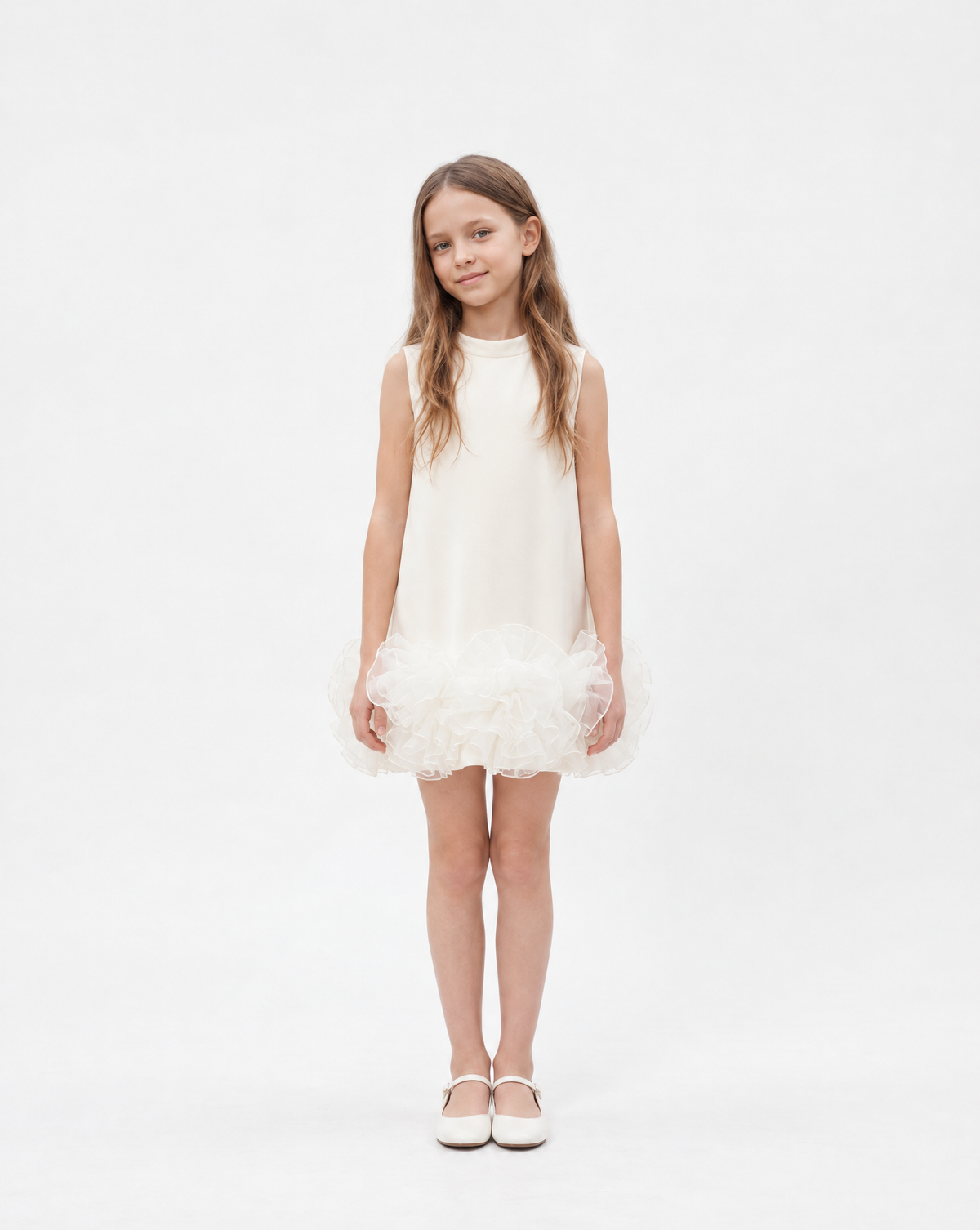 Robe Lena ivoire portée par Chloé, vue de face sur fond studio clair