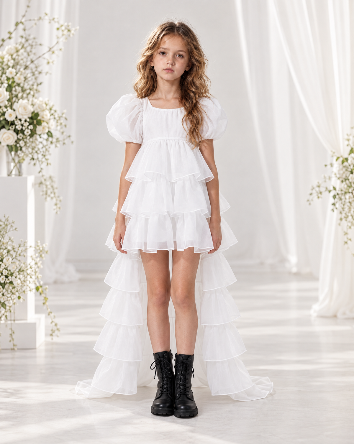 Robe Adriana en organza blanc portée par Zélie dans une ambiance de cérémonie
